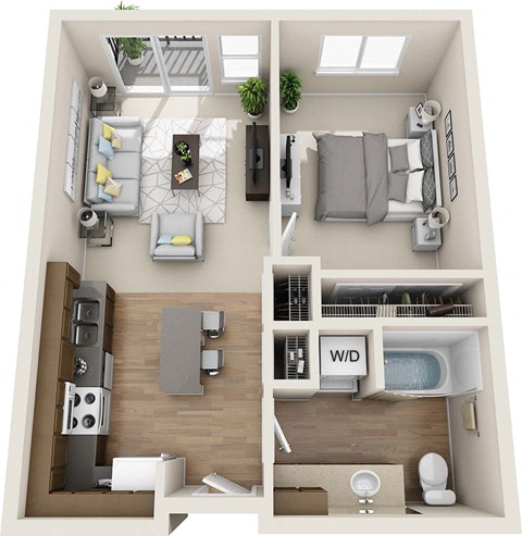 Floor plan for 1 bed, 1 bath, 596 sqft